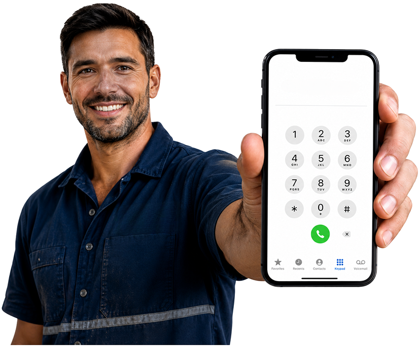 Dee Why Blocked Drains plumber holding a phone — call 1300 261 965
