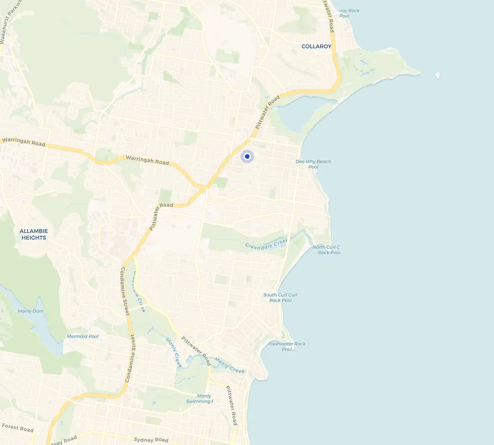 Map of the Dee Why service area and the surrounding Northern Beaches, showing Dee Why and the nearby streets we cover.